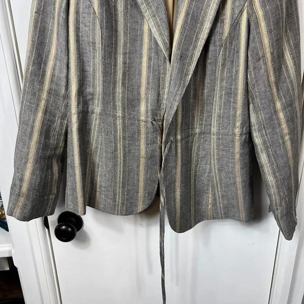 Harvé Bernard Gray & Gold Striped Linen Blend Tie Front Blazer, Size 8